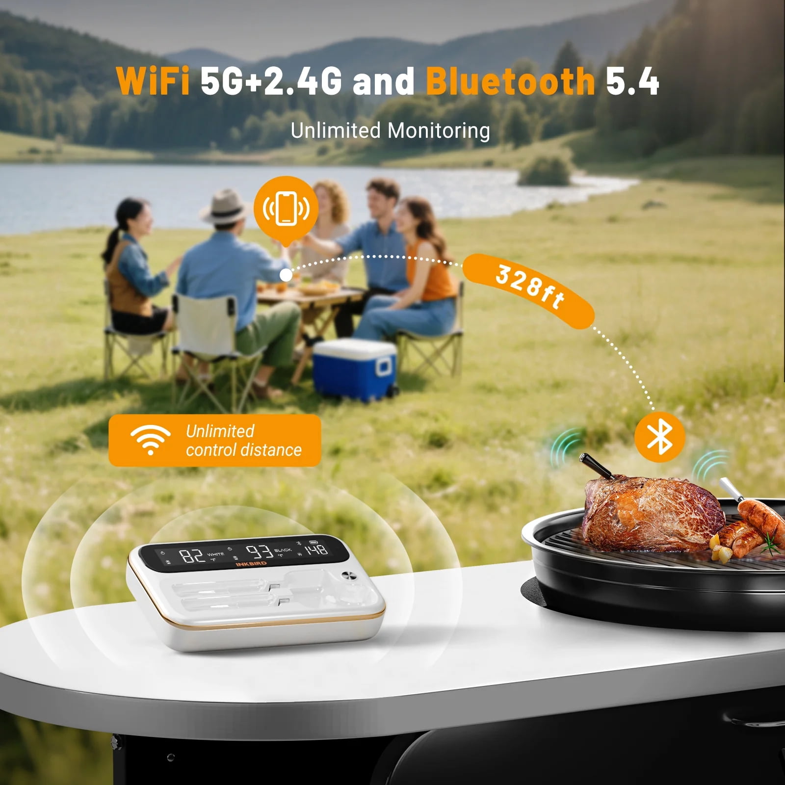 INKBIRD 5GHz & 2.4GHz WiFi Wireless Meat Thermometer with 2 Size-Coded Probes and Unlimited Range,Bluetooth 5.4 Thermometer with 360° Readable LCD-Enhanced Booster,White