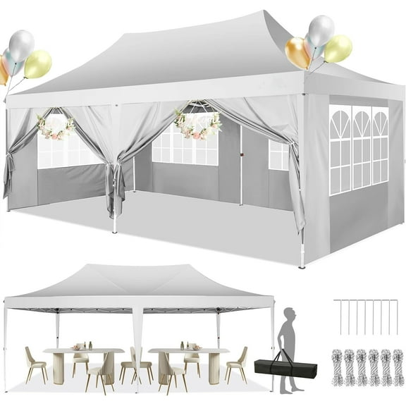 SANOPY 10'x20' Ez Pop up Canopy Party Tent with 6 Sidewalls, Waterproof and Sun Shelter Heavy Duty Canopy for Market with Carry Bag, White