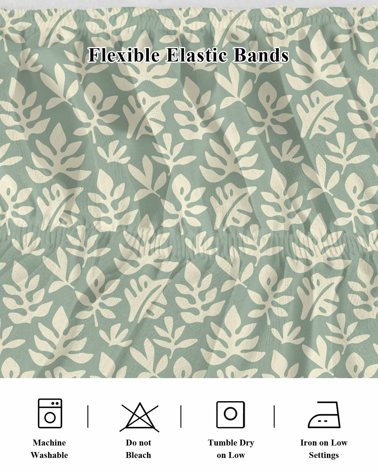 Simple Daisy Silhouette Bed Skirt King Size 16 Inch Drop, Retro Flower Green Patterns Adjustable Elastic Dust Ruffles Bedskirt for King Bed Wrap Around Pleated Mattress Frame Cover