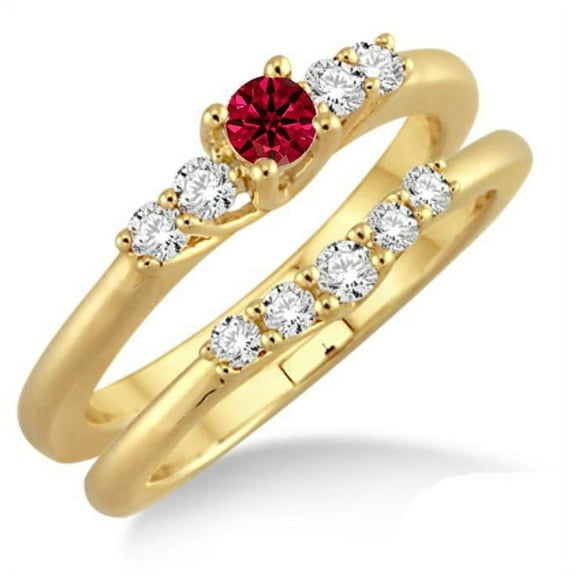 Fantastic Mind Blowing Moissanite Diamond 1.5 Carat Red Ruby Affordable Bridal Set on 10k Yellow Gold