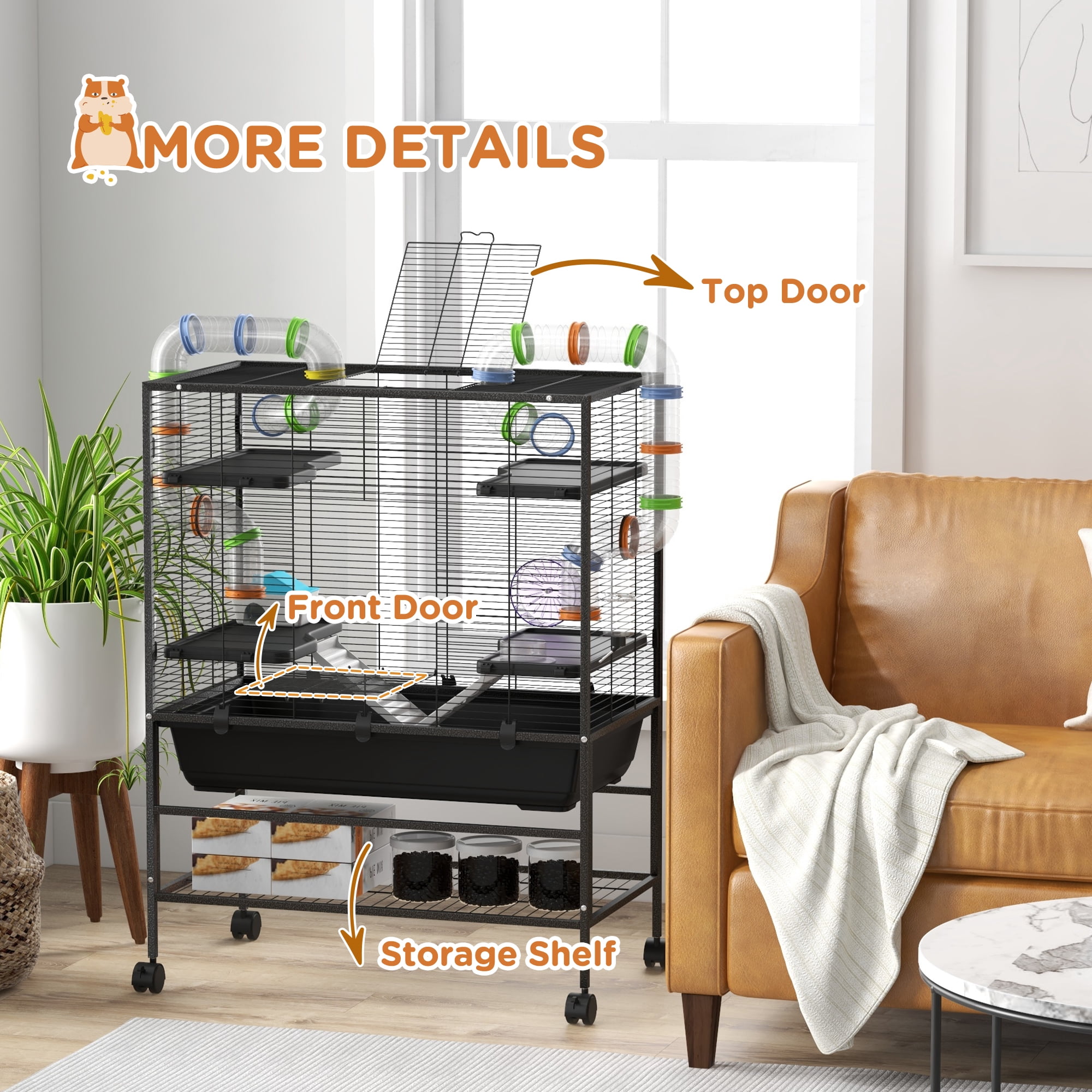 PawHut Large Hamster Cage Rat Cage on Wheels w/ Storage Shelf, Tubes