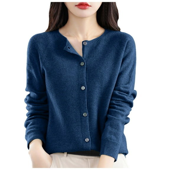 Essentials Women's Sweater Button Down Crew Neck Cardigans Solid Open Front Long Sleeve Knit Fall Knitwear