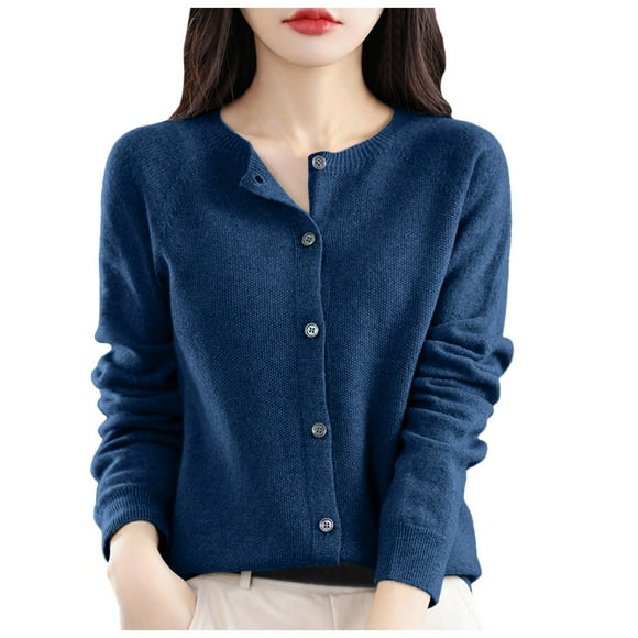 GDREDA Women's Crewneck 100% Merino Wool Sweater 2024 Spring Fall Solid Long Sleeve Seamless Knitted Cardigan Sweater Blue,XL