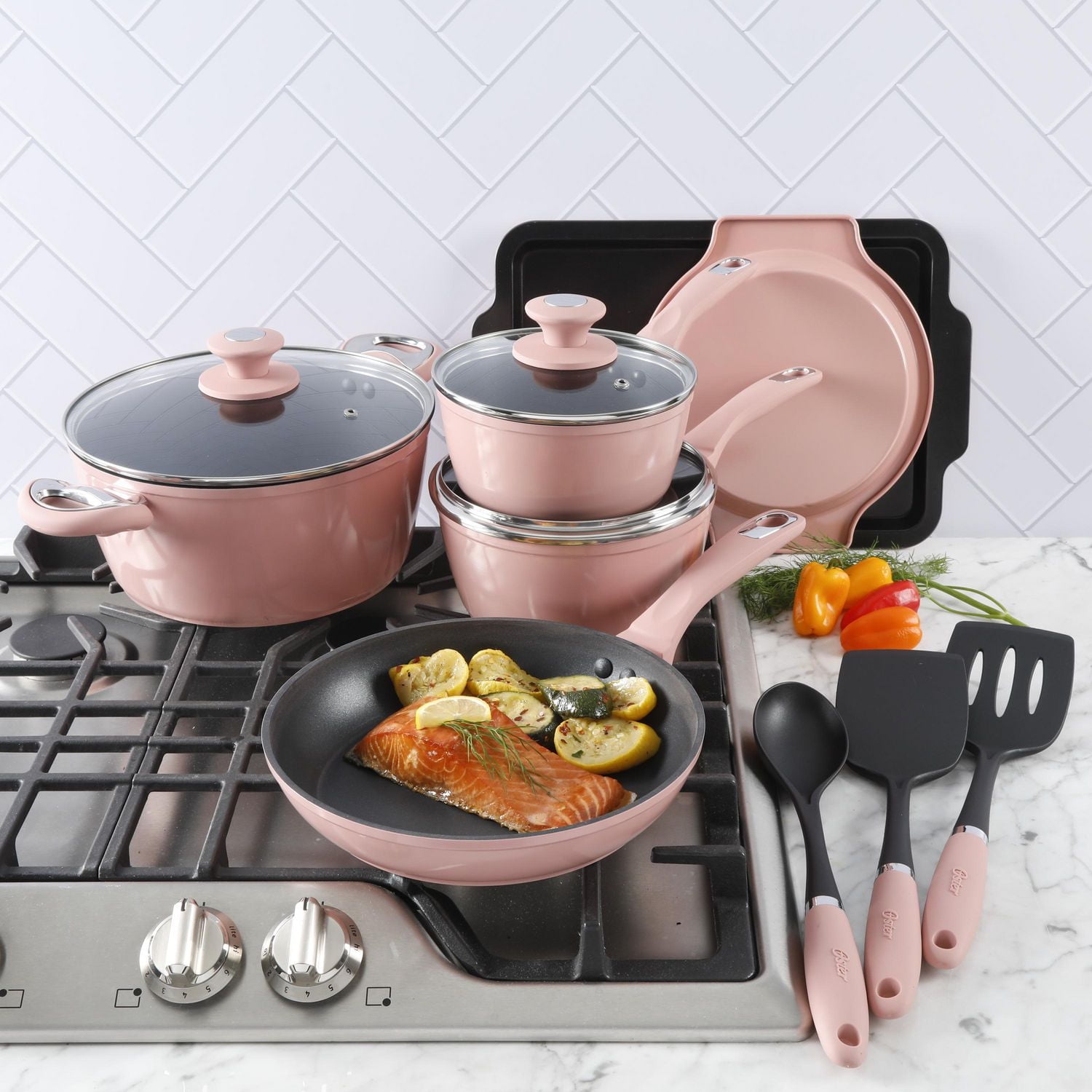 "Oster Lynhurst 12-Piece Cookware Combo Set, Rose<br>"