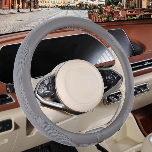 Nappa Leather Gray Steering Wheel Cover, Advanced Microfiber Leather Non-Slip Breathable Fabric, Warm in Winter and Cool in Summer, Universal 15 Inch