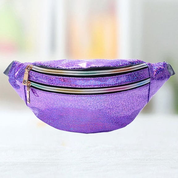 Raindrops Fanny Pack Women Reflective Sequin Pu Leather Crossbody Bag for Outdoor Travel Pearl Purple 1Set