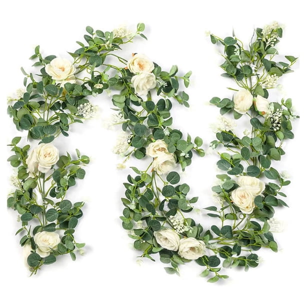 Paquete de 2 Guirnaldas de Eucalipto con Rosa ChampáN, Guirnalda Verde una Granel de Seda Artificial Floral Hojas de Eucalipto Vides (C)