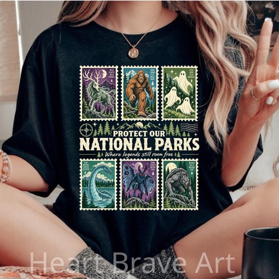 Cryptid Stamp National Parks Shirt, Protect Our Parks, Vintage Camping Hiking, Wanderlust Fantasy Creatures