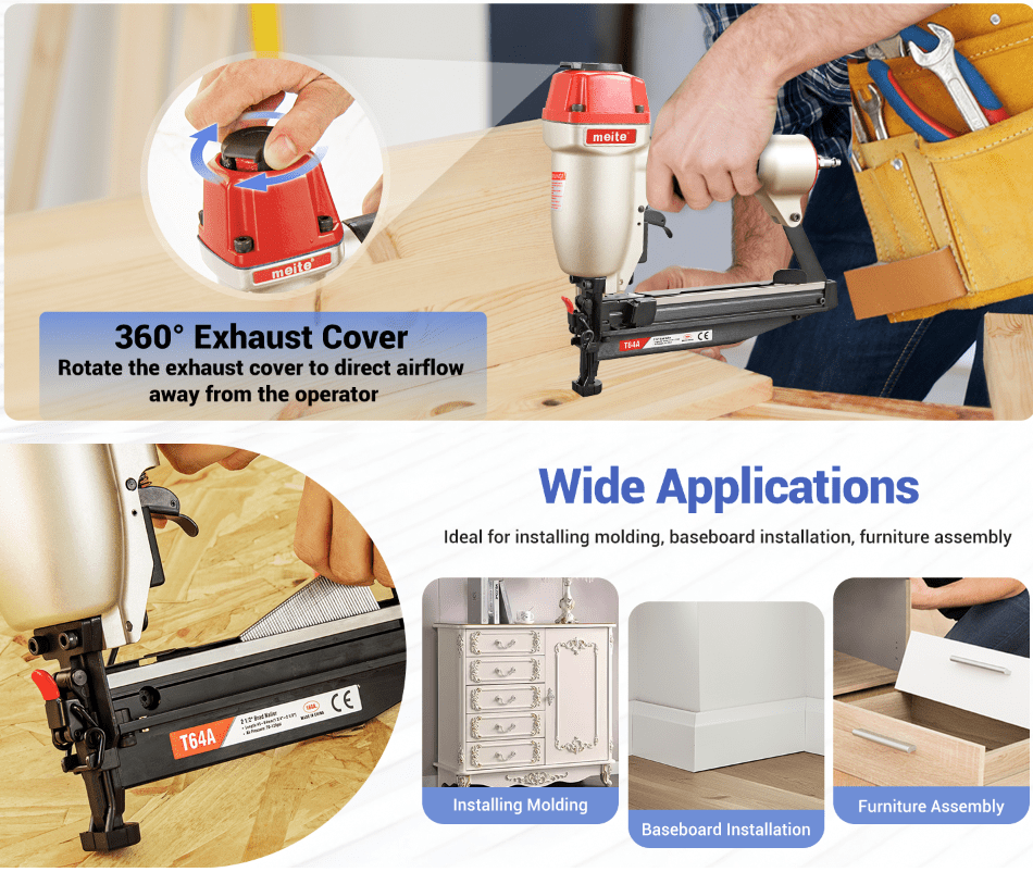 MEITE T64A Pneumatic Finish Nailer 16 Gauge Pneumatic Finish Nail Gun 1-1/4" to 2-1/2" Length