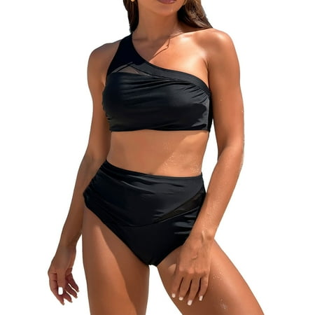Yajing Womens Swimwear Bikini Set For Women Plus Size Bathing Suit Tank Swimsuit Mid Waist Deep V Neck Wide Straps Back Hook Black S