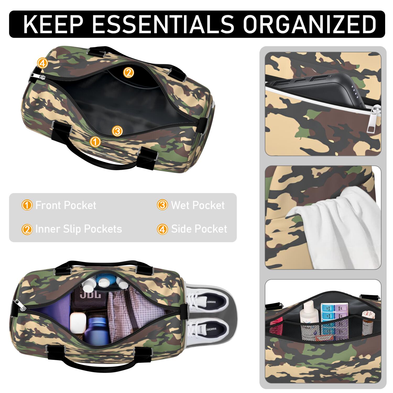 Camo Mens Gym Tote Duffle Bag with Wet Pocket & Shoe Compartment, Travel Duffel Bag Overnight Weekender Hospital Tote Girls Workout Carry on Bag with Luggage Sleeve