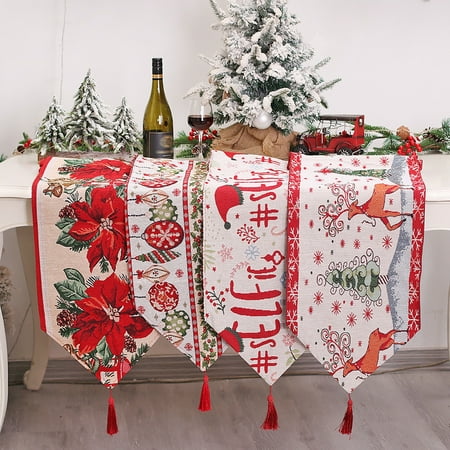 

Christmas Theme Table Runner Knitted Tassel Design Cartoon Increase Atmosphere Heat Insulated Tablecloth for Party Fabri