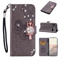 Wallet Case For Google Pixel 7 Pro, Embossed Owl Bling Diamond Premium PU Leather [Folio Flip][Kickstand][Card Slots][Wrist Strap][Kickstand]Phone Cover For Google Pixel 7 Pro, Gray