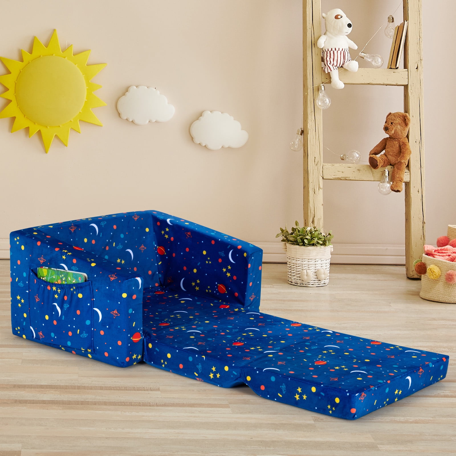 Infans 2-in-1 Convertible Kids Sofa to Lounger Flip-Out Chair w/Storage Pocket