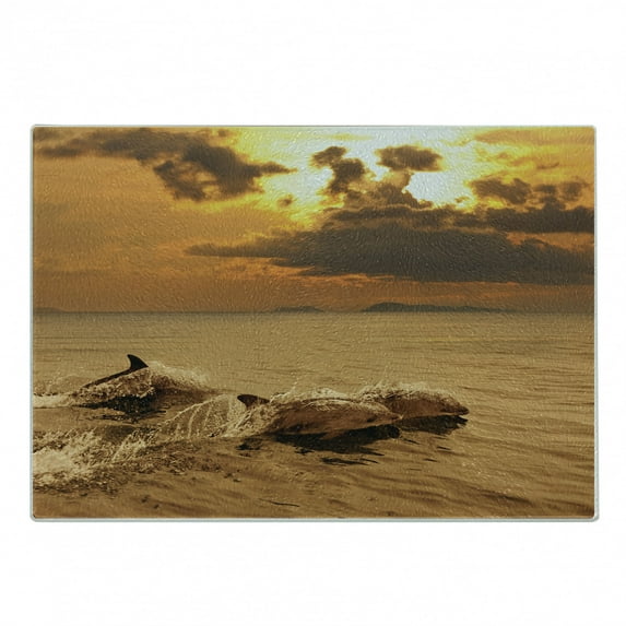 Sea Animals Cutting Board, Dolphins at Sunset Water Splashes Aquatic Playful Animal Dusk Print, Decorative Tempered Glass Cutting and Serving Board, Small Size, Multicolor, by Ambesonne