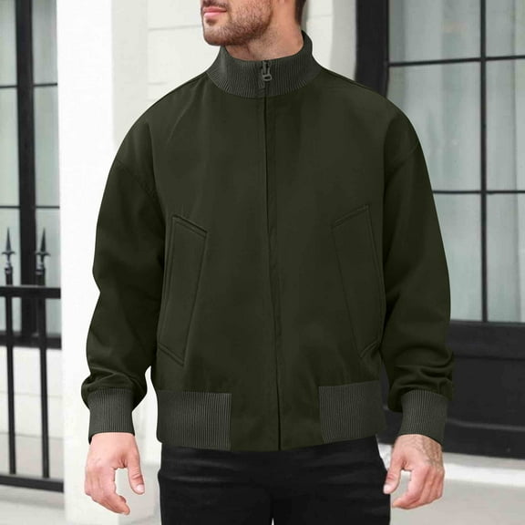 Goodtrade8 Zip up Jackets for Men Winter Casual Bomber Jacket Outdoor Plain Green Stand Collar Pocket Winter Coats for Men