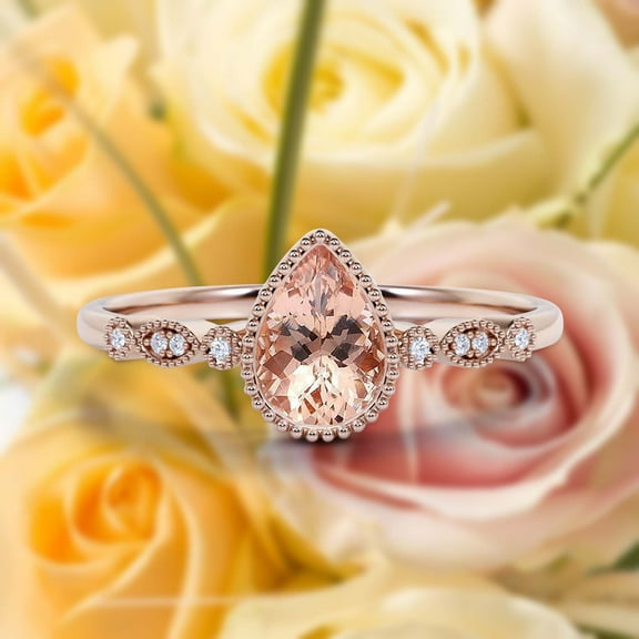 Dazzling Boho & hippiepie 1.25 Carat Pear Cut Morganite And Diamond Moissanite Engagement Ring, Classic Wedding Ring in 925 Sterling Silver With 18k Rose Gold Plating, Birthday Gift, Promise Ring