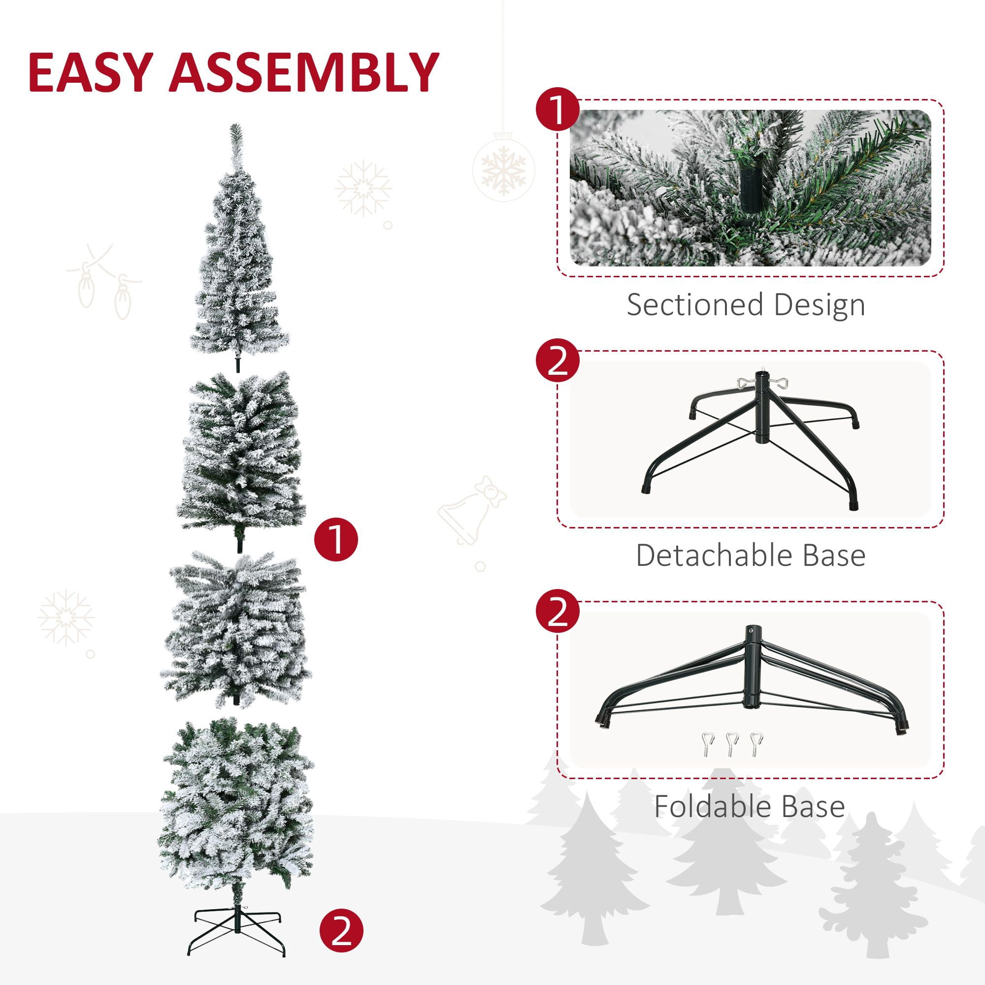 9 ft Flocked Artificial Christmas Tree, Slim Unlit Pine with 1014 Tips, Hinged PVC, Indoor Holiday Decoration