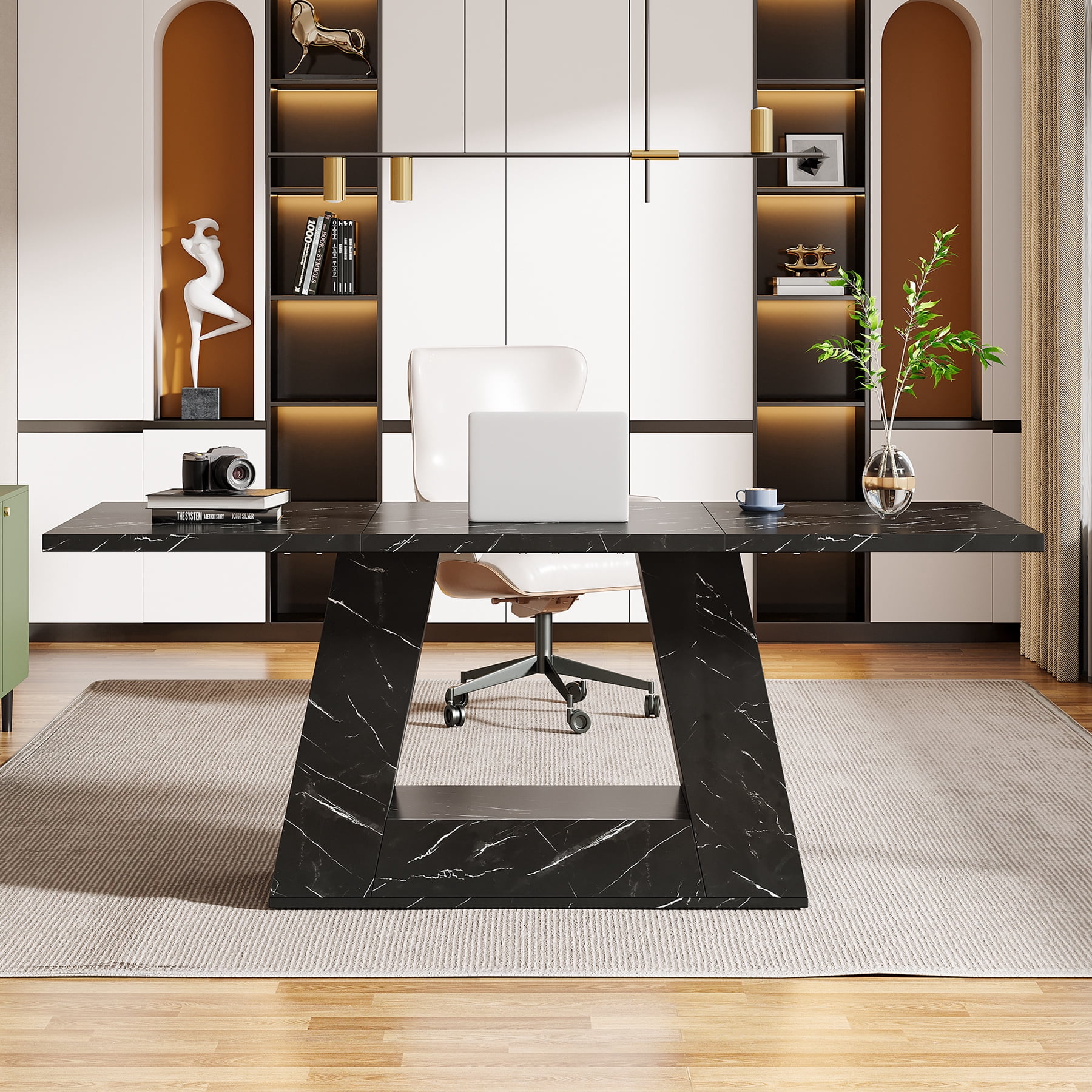 Tribesigns 63" Dining Table, Light Brown Wood Table Kitchen Table with Double Pedestal