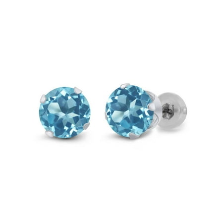 Blue Topaz 14k Gold Earrings - 1.80 Ct Round Swiss Blue Topaz 14K White Gold Earrings