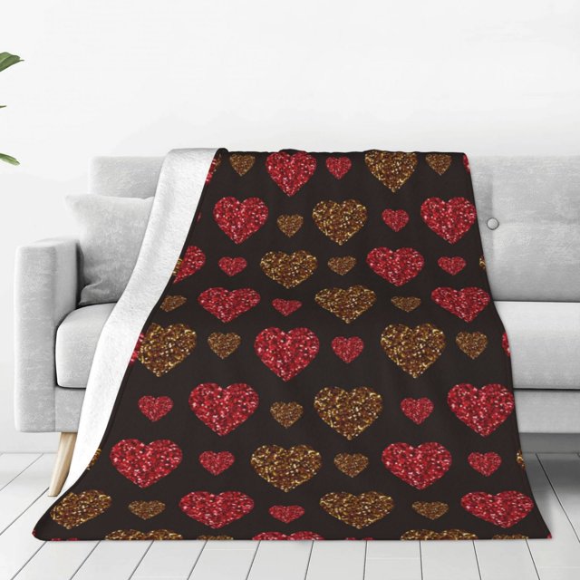 Balery Gold Glitter Heart Manta de Felpa Suave y Acogedora – Cobija de Franela Aterciopelada para Cama, Lavable y Cálida para Sofá, Mascotas, Transpirable-40"x30"
