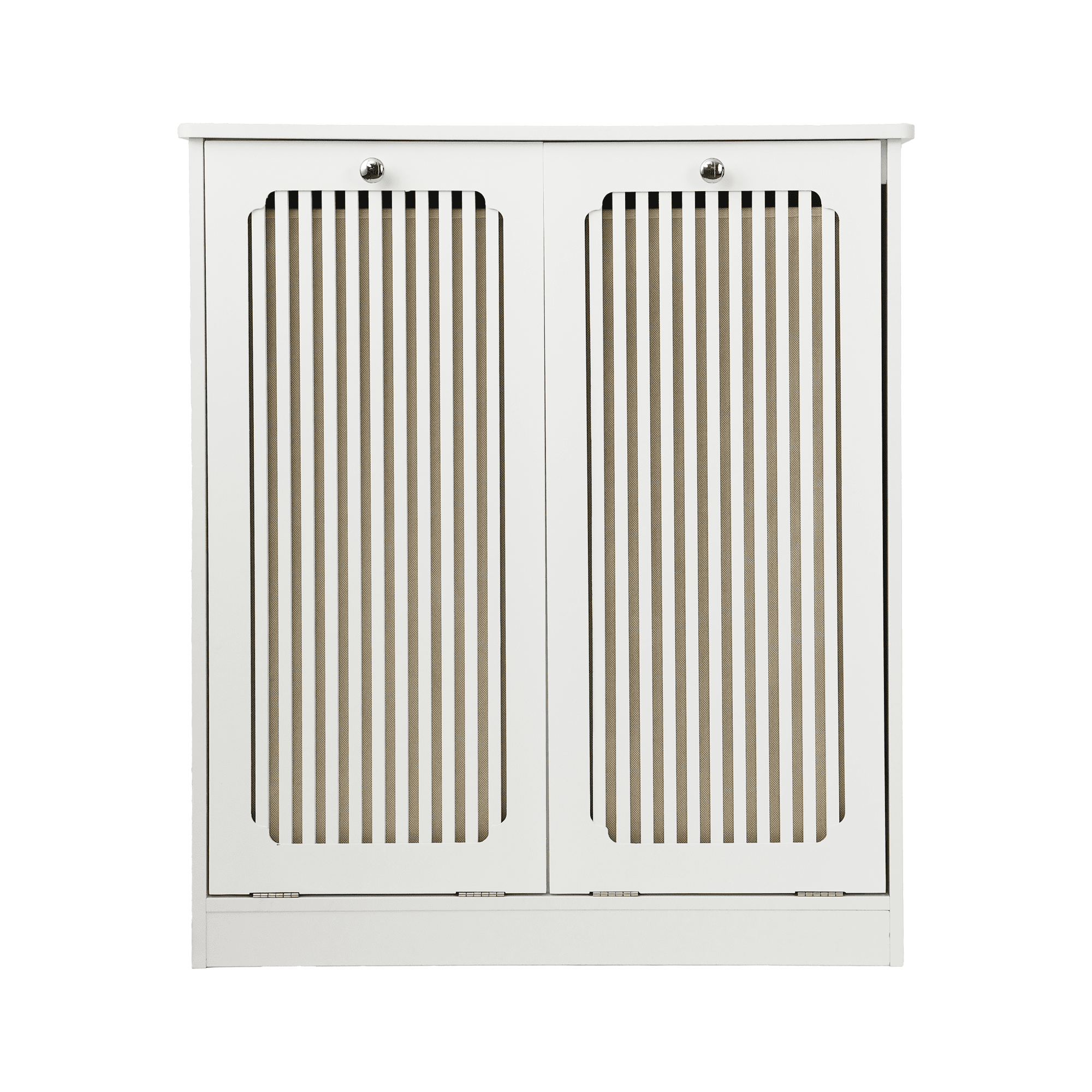 Flip-Top Louvered Laundry Hamper Cabinet with Dual Fabric Compartments, Moisture Resistant MDF Freestanding Storage Organizer for Bathroom Balcony Laundry Room