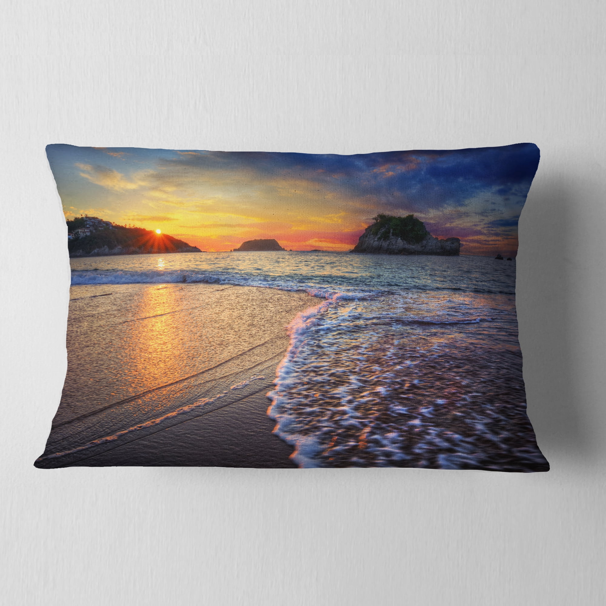 Designart Sandy Beach with Rush Waves - Seashore Throw Pillow - 12x20