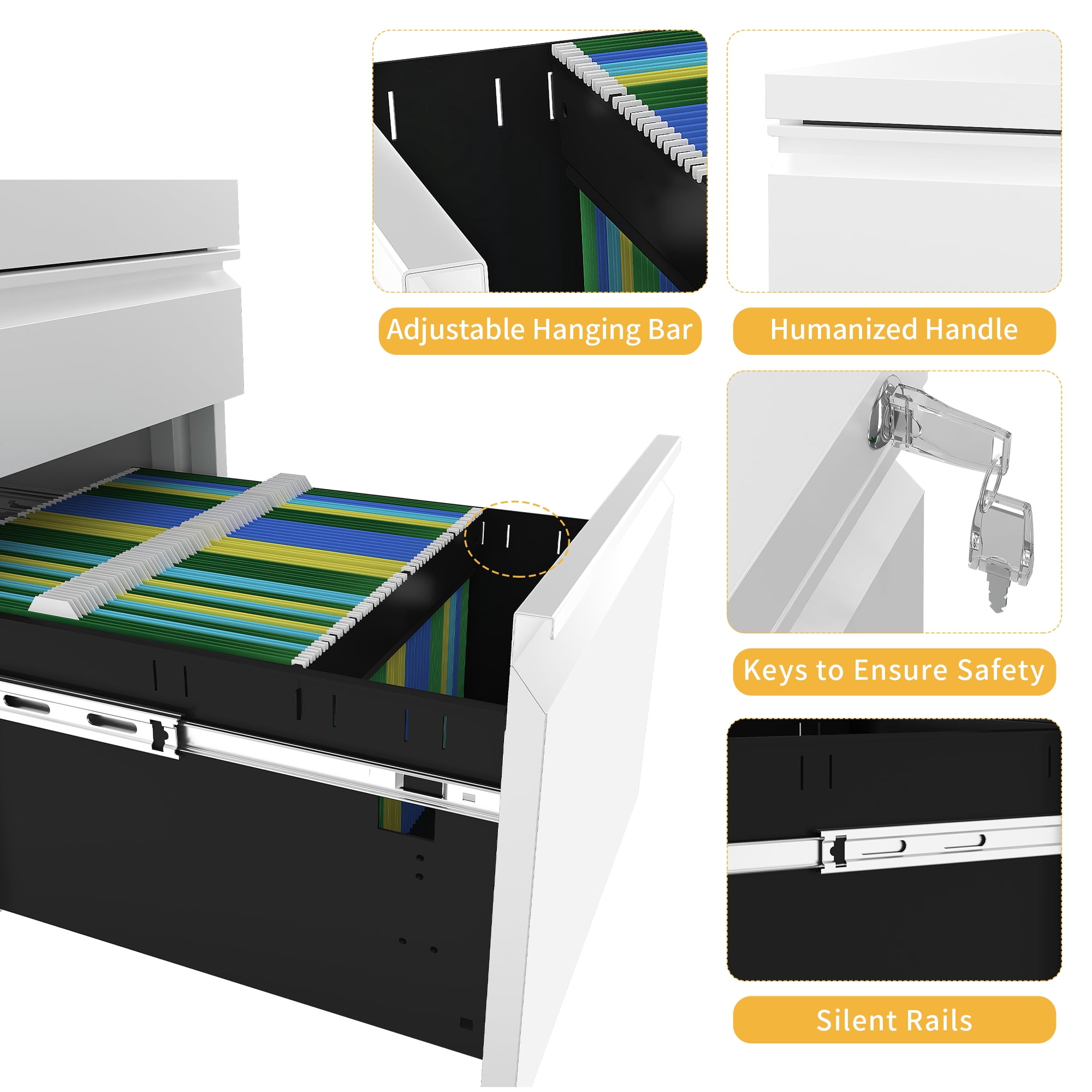 Uforic Fully Assembled 3-Drawer Lockable File Cabinet for Letter/Legal/A4 Size, Mobile Filing Cabinet with Wheels, White
