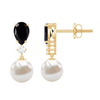 Rosec Jewels Freshwater Pearl Drop Earrings with Black Onyx and Moissanite for Women - AAA Grade, 10K Yellow Gold