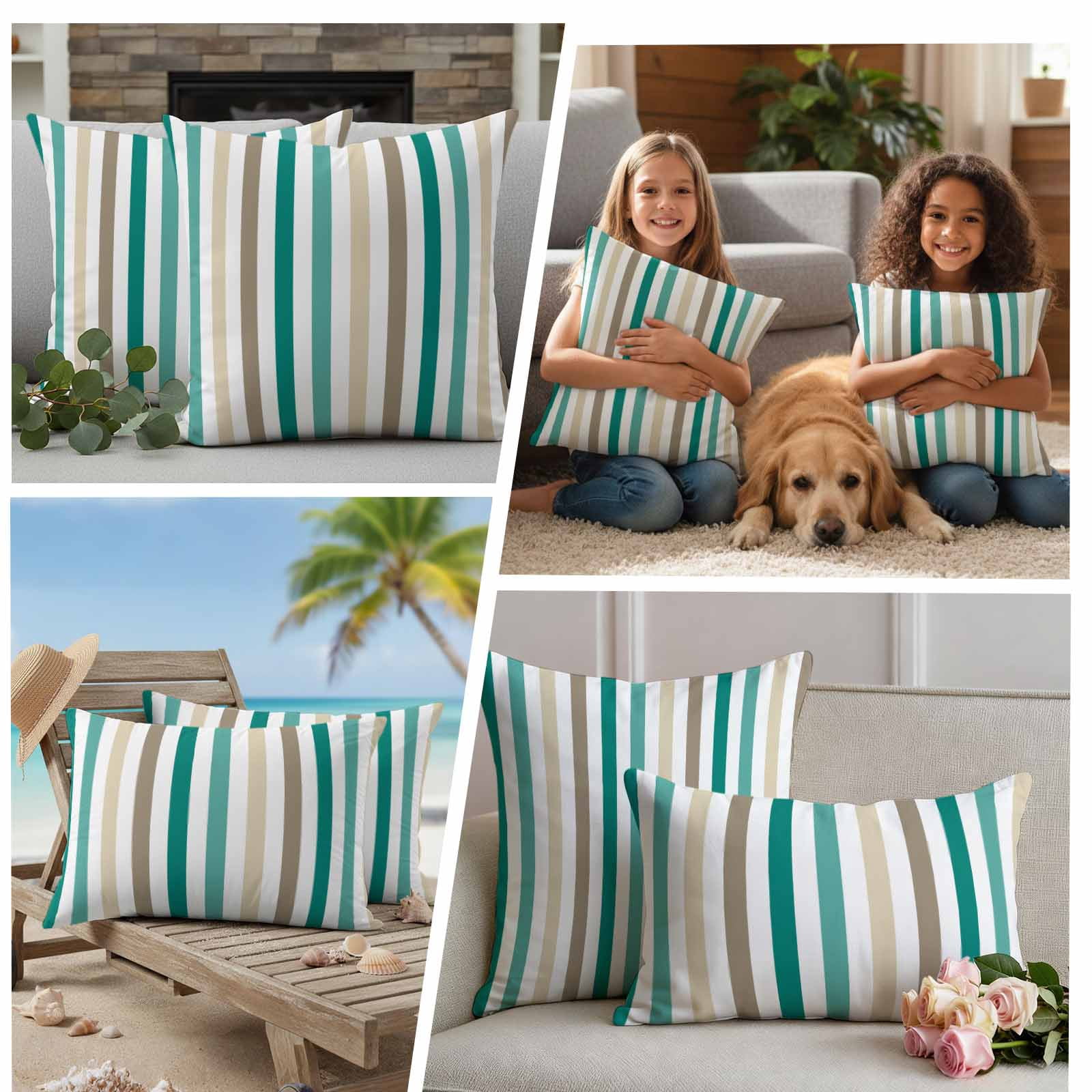 Teal Brown Stripe Outdoor Waterproof Pillow Covers, Gradient Geometric Vertical Striped Decorative Square Throw Pillowcase Sofa Cushion Sham for Patio/Couch/Chair, 18"x18" 2 Pack