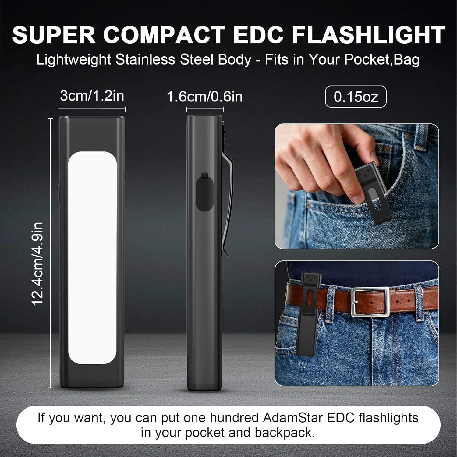 AdamStar EDC Flat Flashlight Rechargeable, High Lumen Small Flash Light with Cap Clip, 9 Modes Portable Magnetic Flashlight with COB White/Blue/Red LED Combo for Working, Camping, Emergency (2Pack)