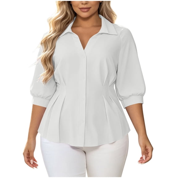 Timegard 3/4 Length Sleeve Womens Tops Lapel V Neck Dressy Casual Tops Tunic Tops Ruched Button down Shirts Tops(White,XL)