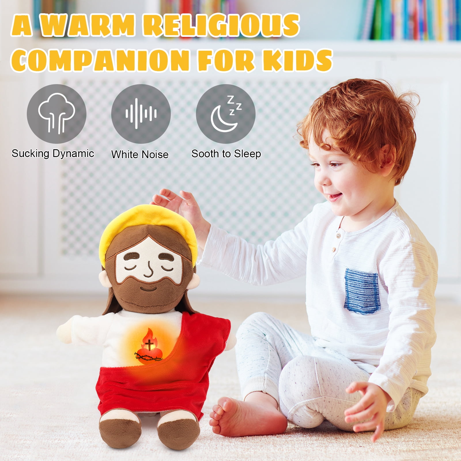 Halo Breathing Jesus Plush Doll Sacred Heart Jesus Doll Sound And Light, Christian Religious Toy For Church Prayer Home Decoration Baptism Easter Christmas Kid Gifts-Red