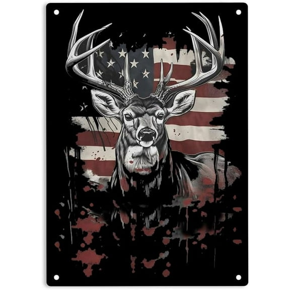 Wilderness Deer Hunting American Flag Sign Metal Tin Sign, Deer Hunting Poster for Home Office Bedroom Bars Pub Man Cave Wall Decor Plaque Sign 12x8 Inch