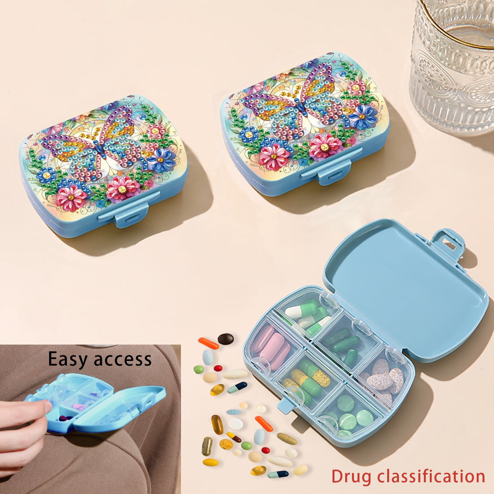 FLOPESN Diamond Art Painting Mini Storage Box with 6-Grid,Creative Design Compact Portable Small Case for Purse Travel Daily- Colorful Butterfly