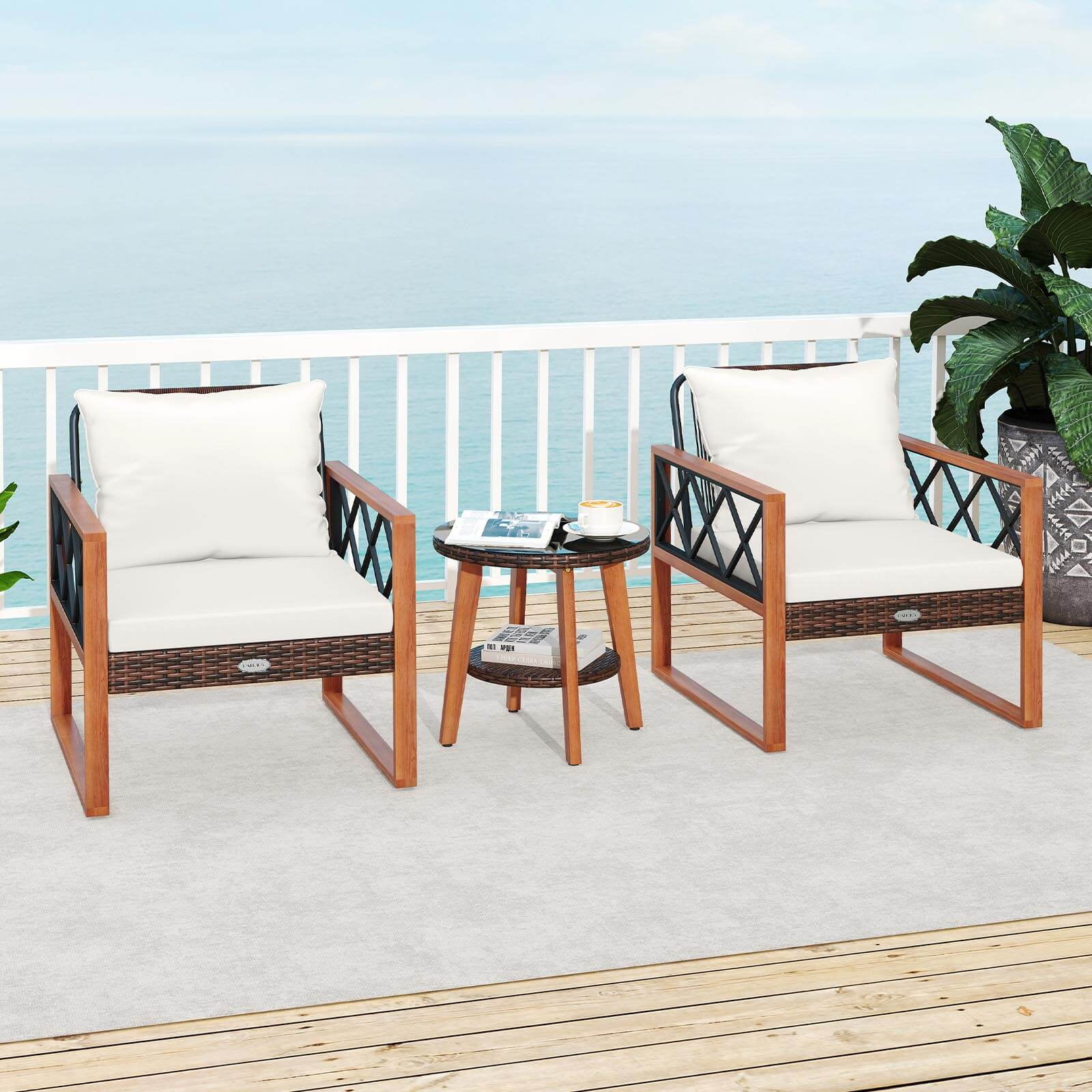 Costway 3 PCS Patio PE Wicker Furniture Set with Solid Acacia Wood Frame & Cushions