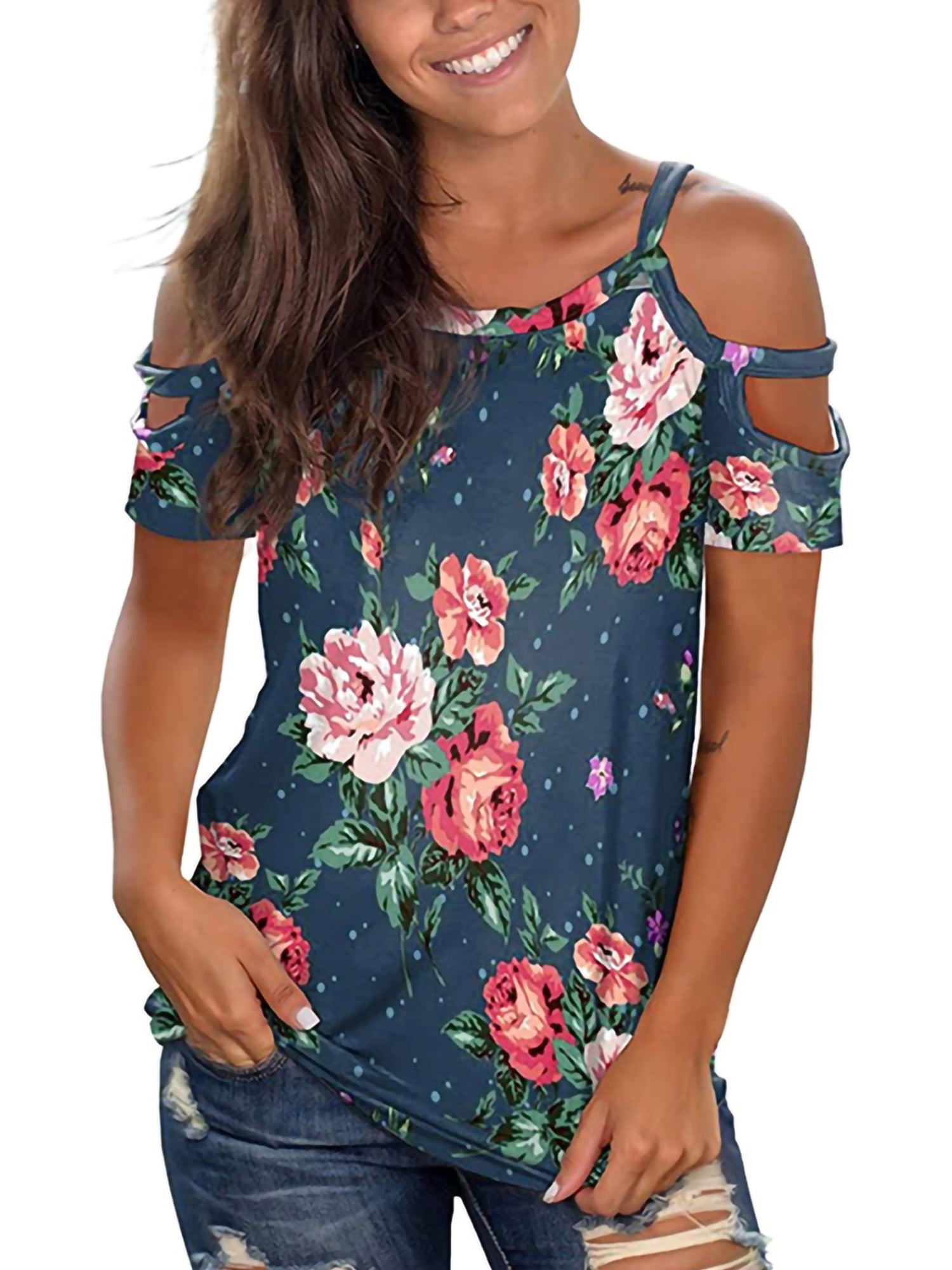 S-XXL Chase Secret Womens Floral Print Cut Out Shoulder Short Sleeve T Shirt Tops Blouse