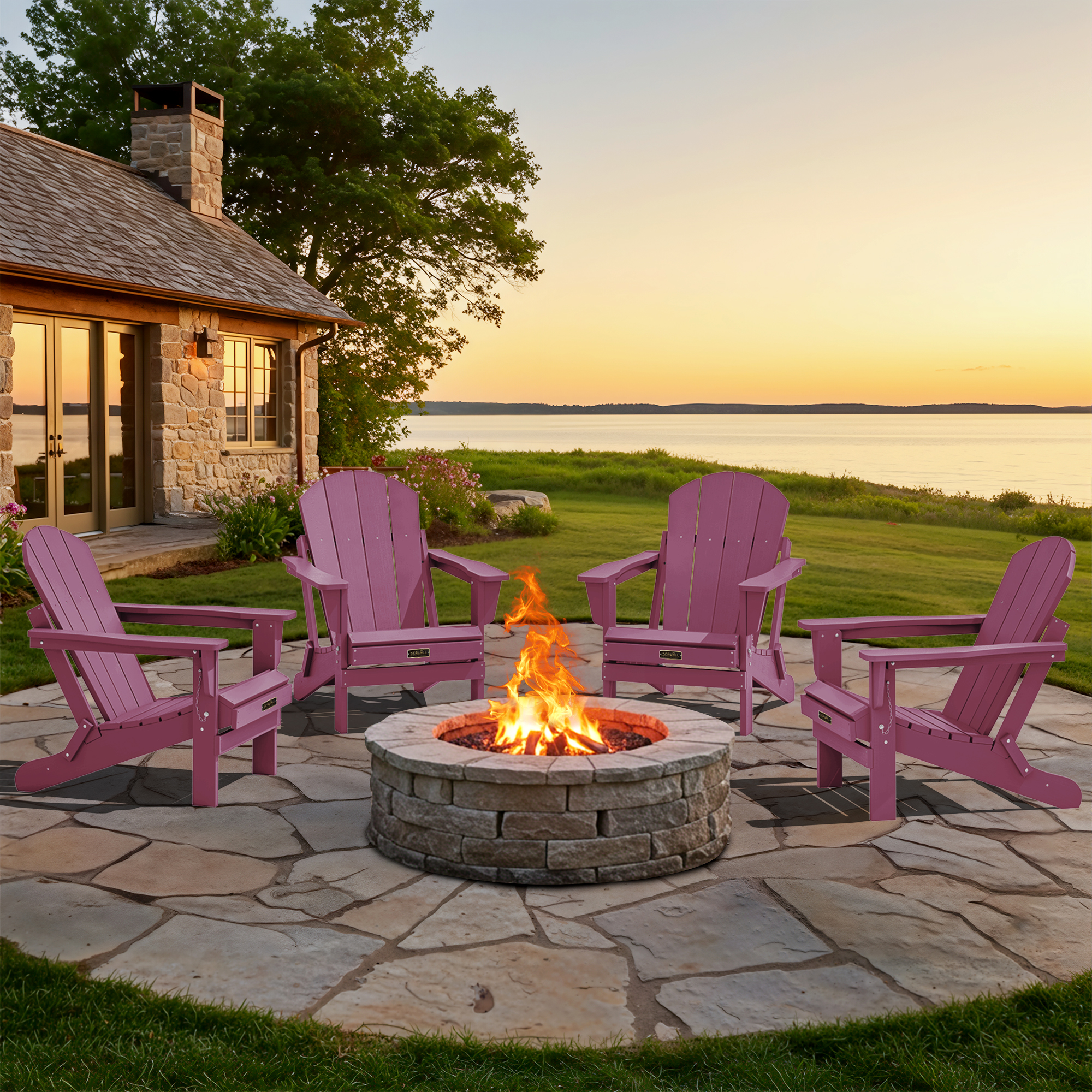 SERWALL Foldable Adirondack Chair Set of 2, Weather Resistant Adirondack Chair for Patio Garden Outdoors Fire Pit - Berryred