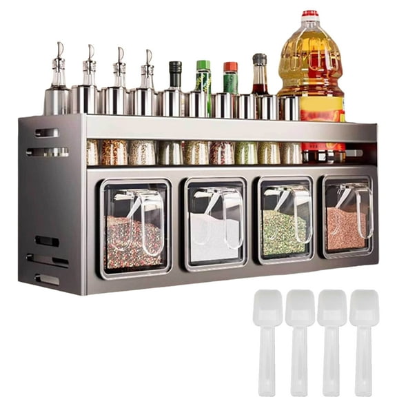 Kitchen Spice Rack,Multifunctional 2 Layer 4 Grid Condiment Rack,Punch-free Wall Mount,Kitchen Organizer and Storage Rack,for Seasoning Jar Organizer