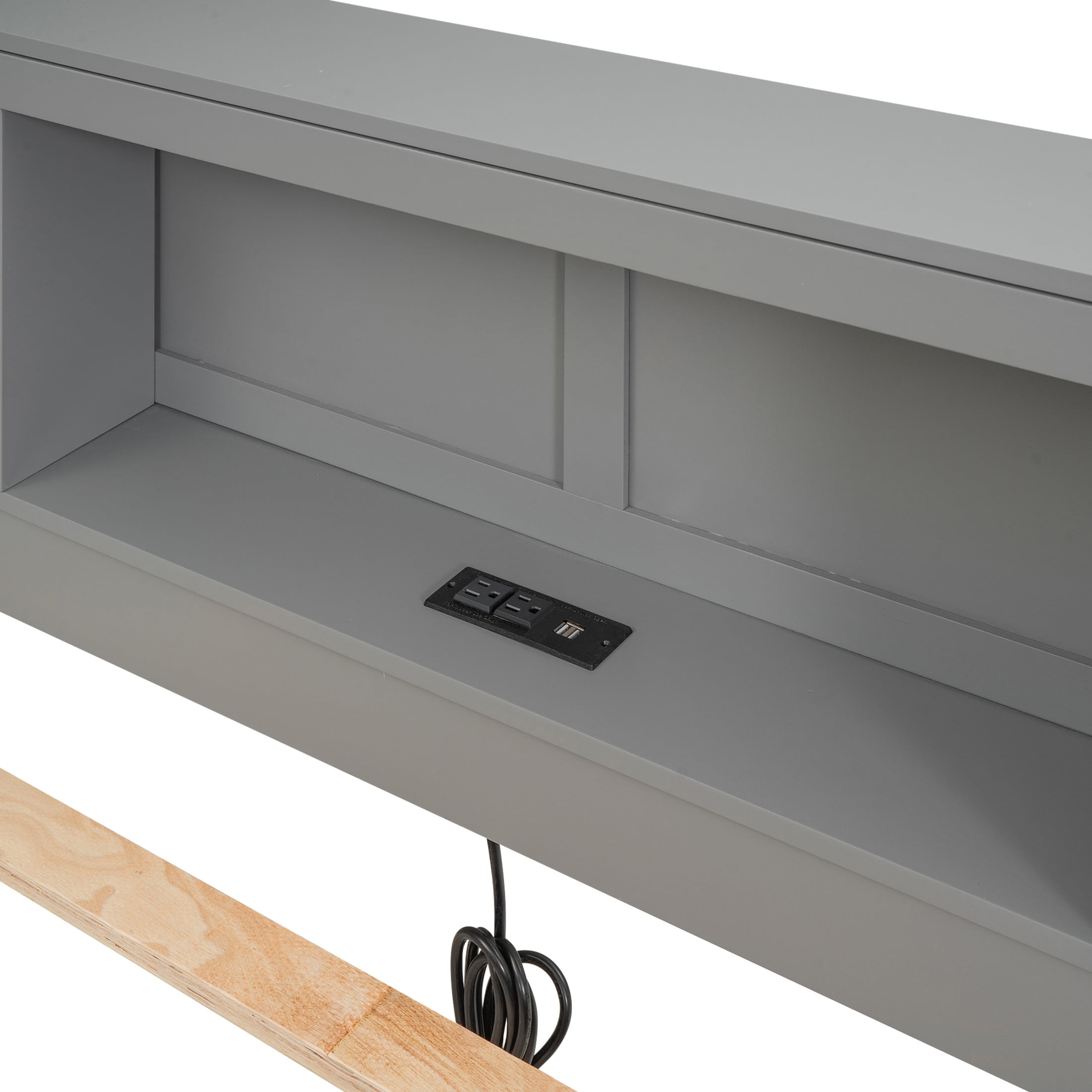 Noble House Nerissa Full Platform Bed with Bookcase Headboard, USB Ports, Extra Trundle and Storage Drawers, Gray