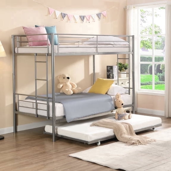 Metal Bunk Bed with Trundle Silver