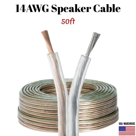 Car Home Audio Transparent Speaker Wire 50Ft 14/2 Gauge Clear Flex Cable 14Awg