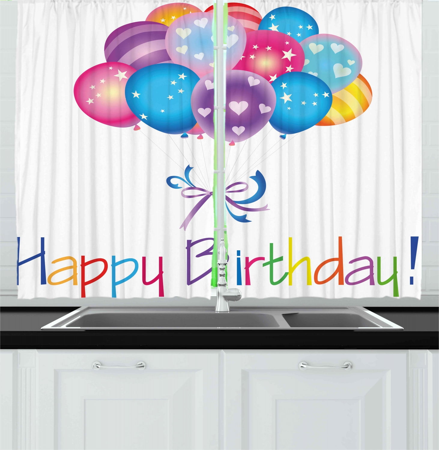 Birthday Curtains 2 Panels Set, Balloon Bouquet with Stars and Heart Shapes Best Wishes Joyful