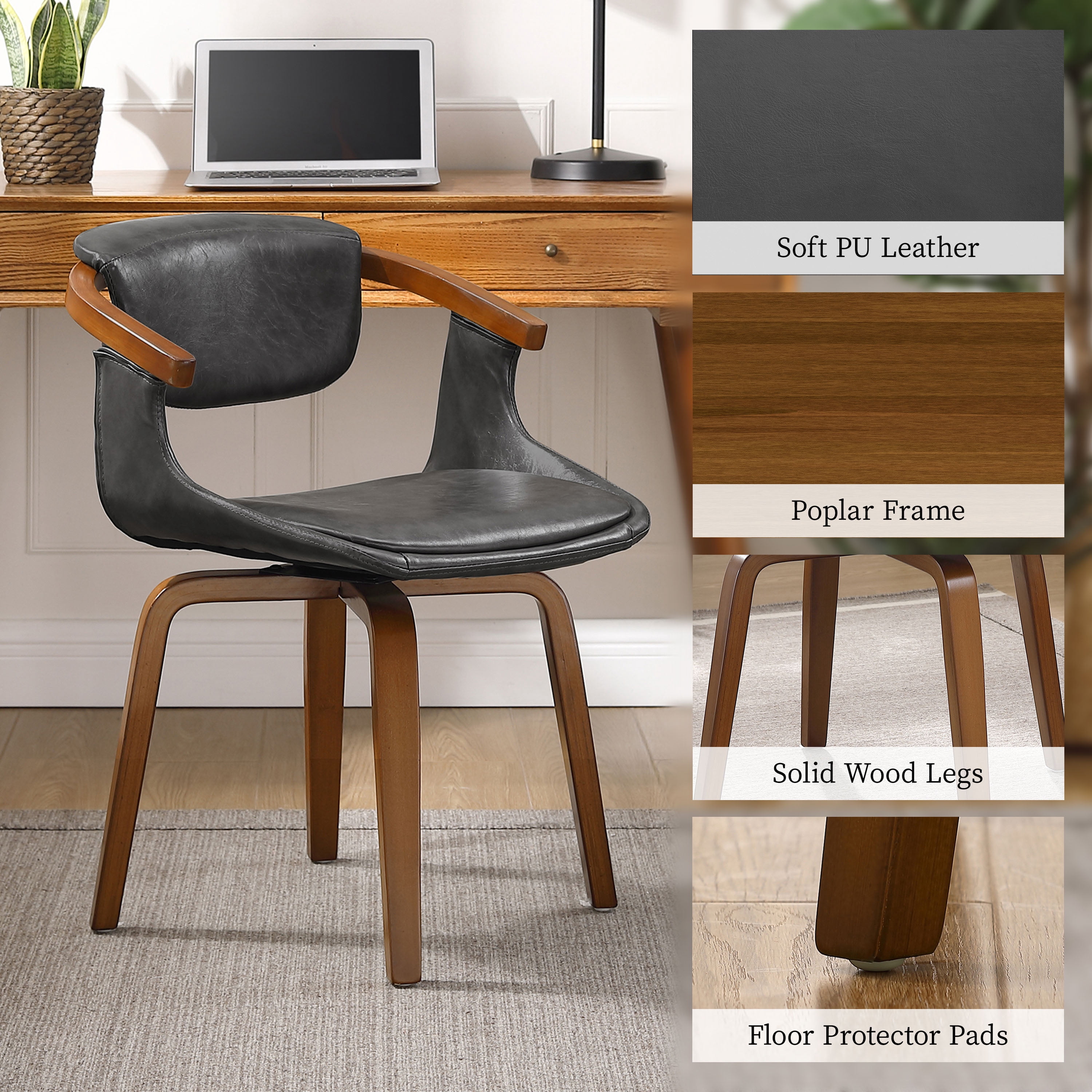 Art Leon Office Chair, Faux Leather Swivel Desk Chair with Wood Legs, Gray