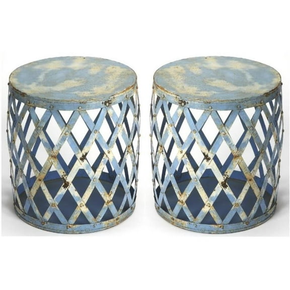 Home Square Transitional Round Iron Bunching Table in Blue - Set of 2