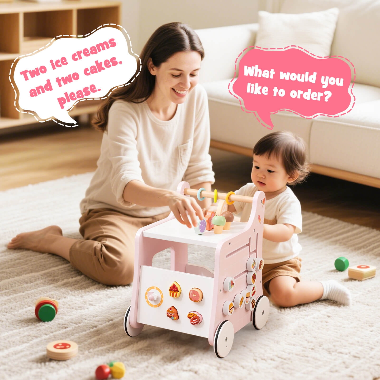 Infans Wooden Baby Walker Ice Cream Cart Toy with Sweet Accessories & Smooth Wheels