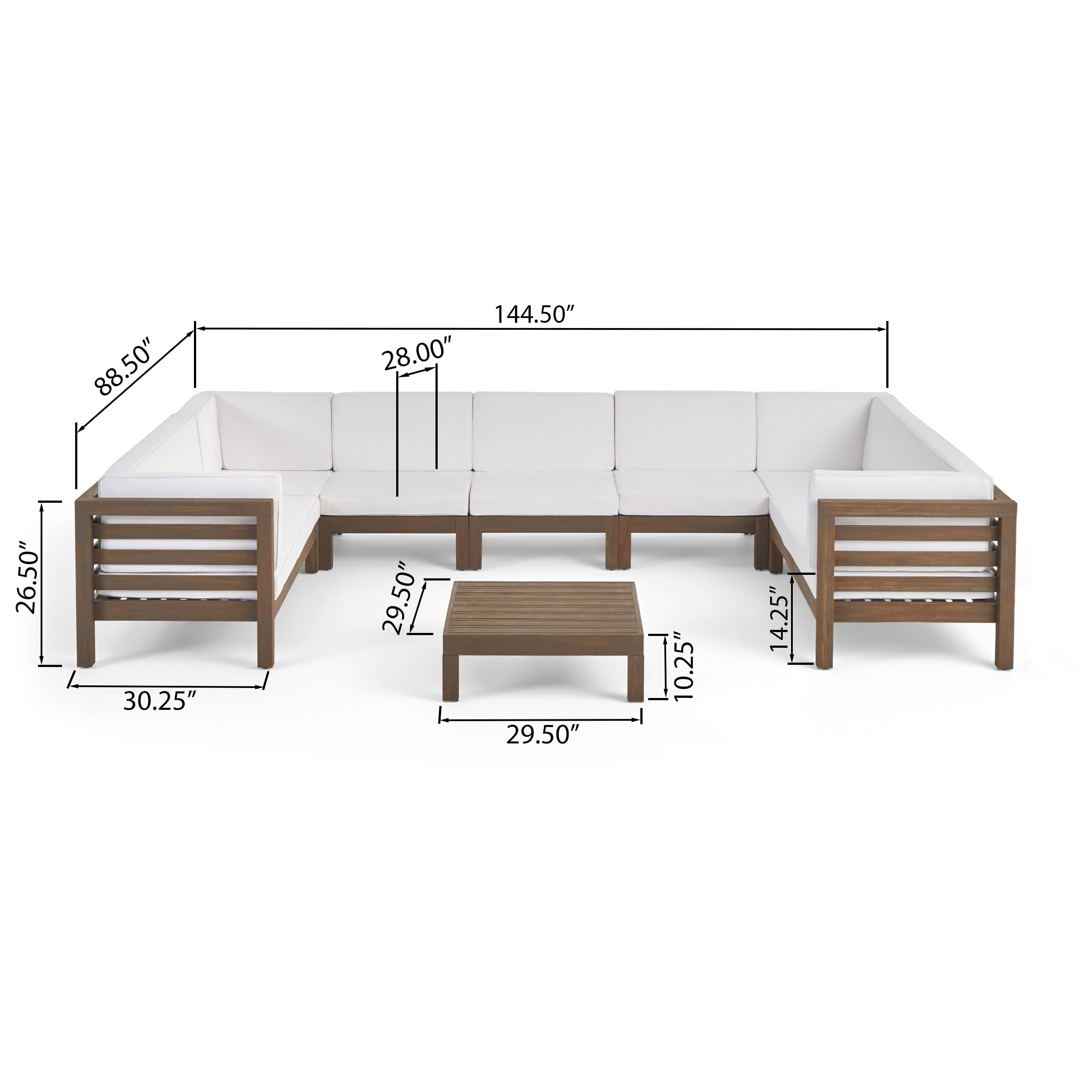 Graham Outdoor 9 Seater Acacia Wood Sectional Sofa Set, Gray Finish, White