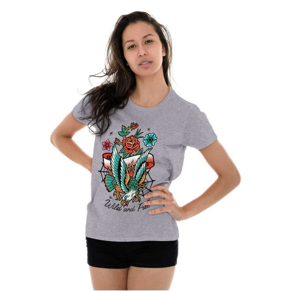 Wild and Free Bald Eagle Rose Tattoo Womens Fitted Plus Size Graphic Tee Brisco Brands 2X