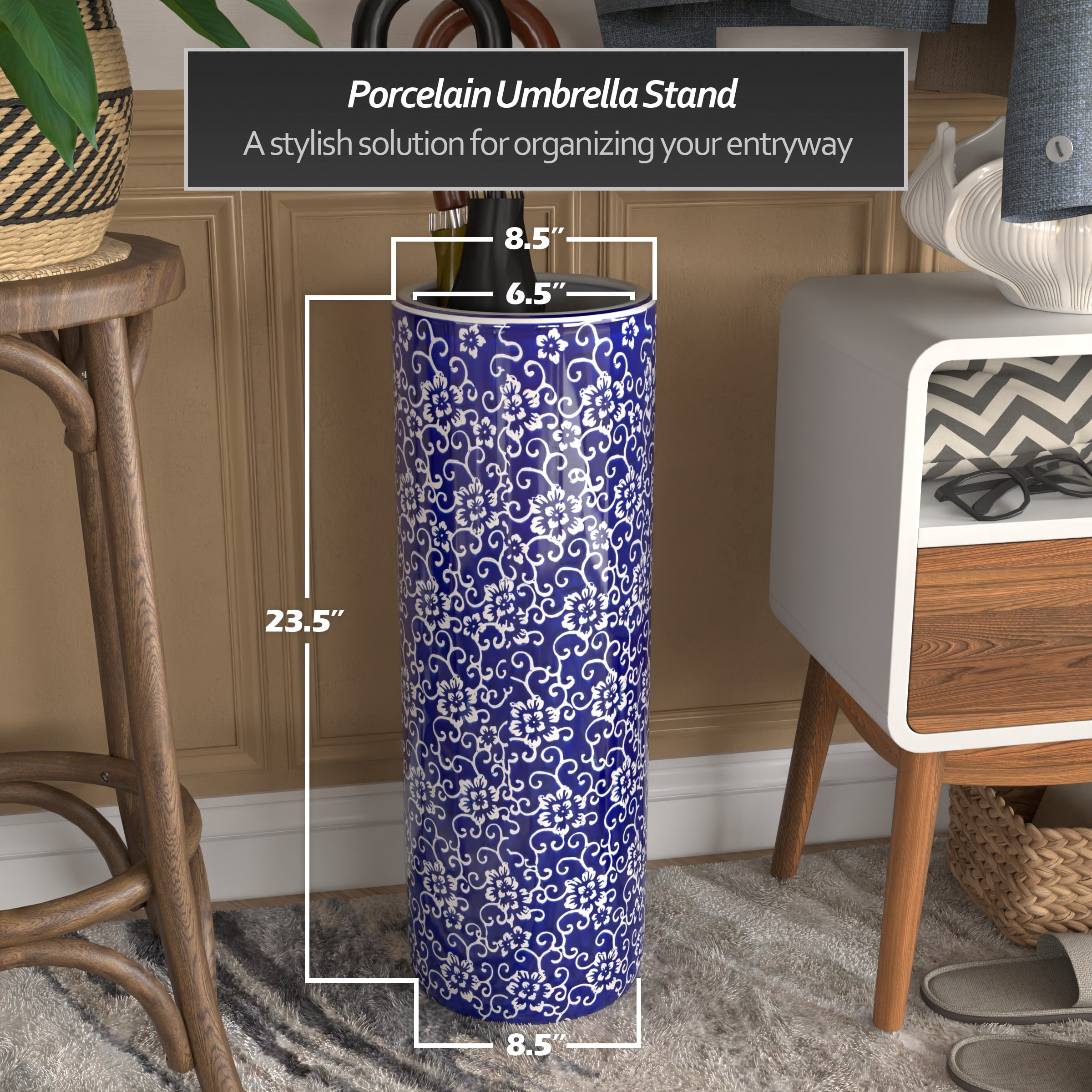 Red Lantern 24" White Flowers on Blue Umbrella Stand