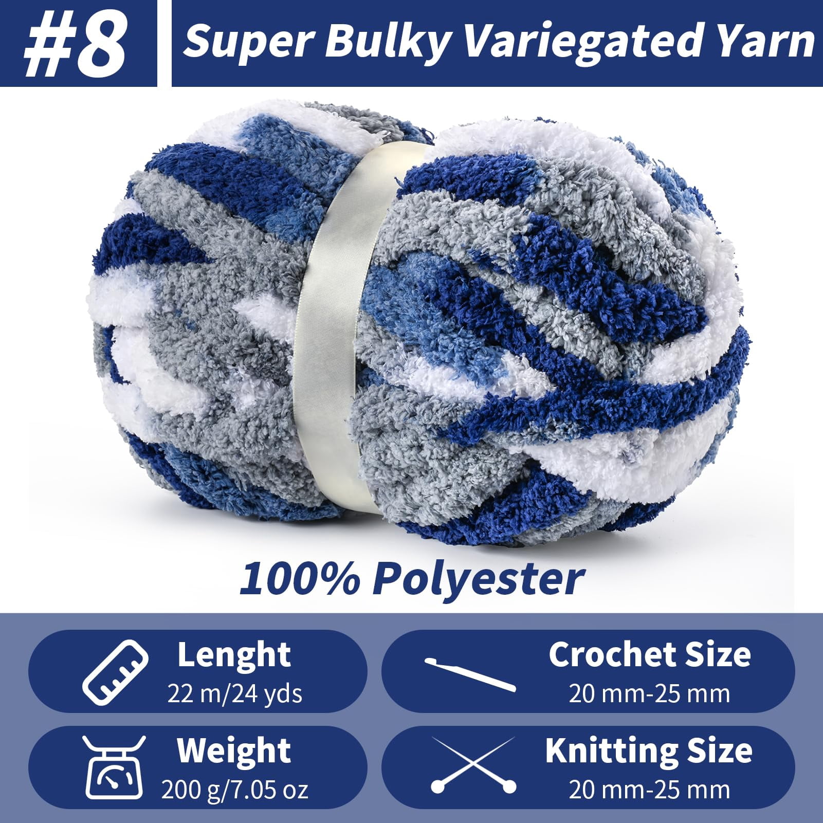 10  Fluffy Chunky Chenille Yarn for Crocheting,  Chunky Blanket Yarn for Hand Knitting, 240yds/70.5oz  Bulky Variegated  Blanket Yarn(Blue-White)